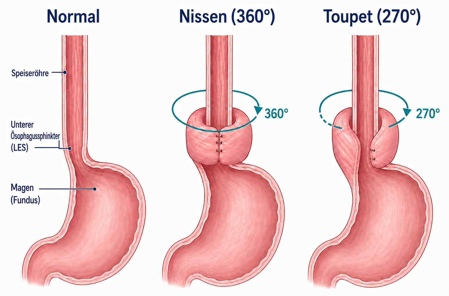 Vergleich: Normal, Nissen (360°) und Toupet (270°)